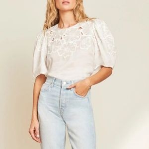 Veronica Beard Kamryn Top Blouse White Embroidered Floral Puff Sleeves Size 0